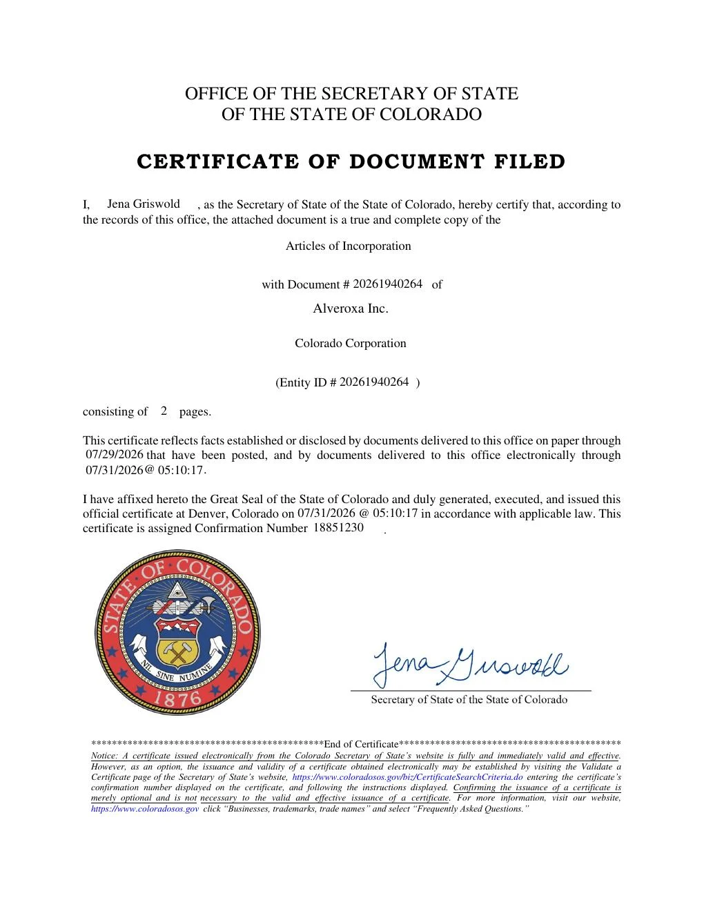 Certificate and Articles of Incorporation first-page preview