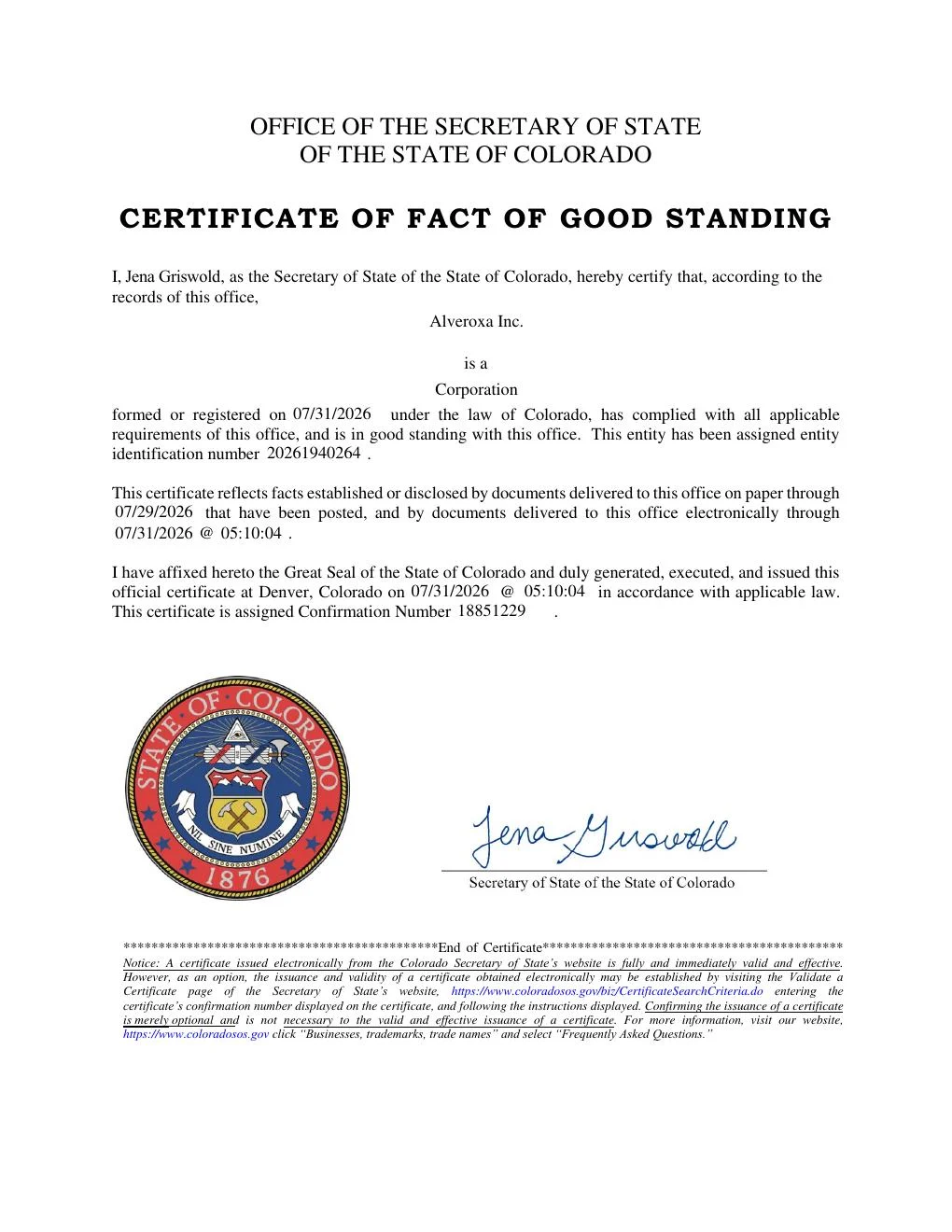 Certificate of Good Standing first-page preview